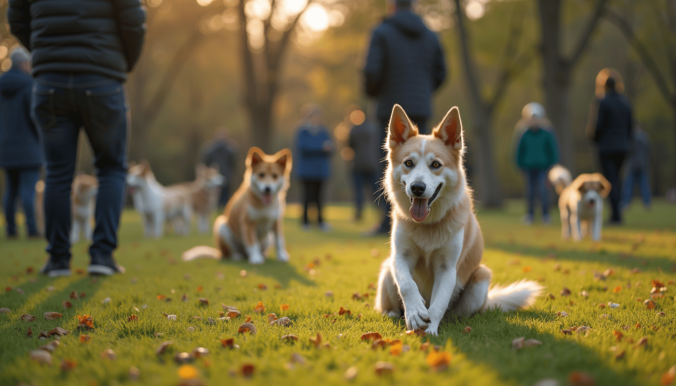 Dogs sitting calmly on the grass in a park with their owners nearby